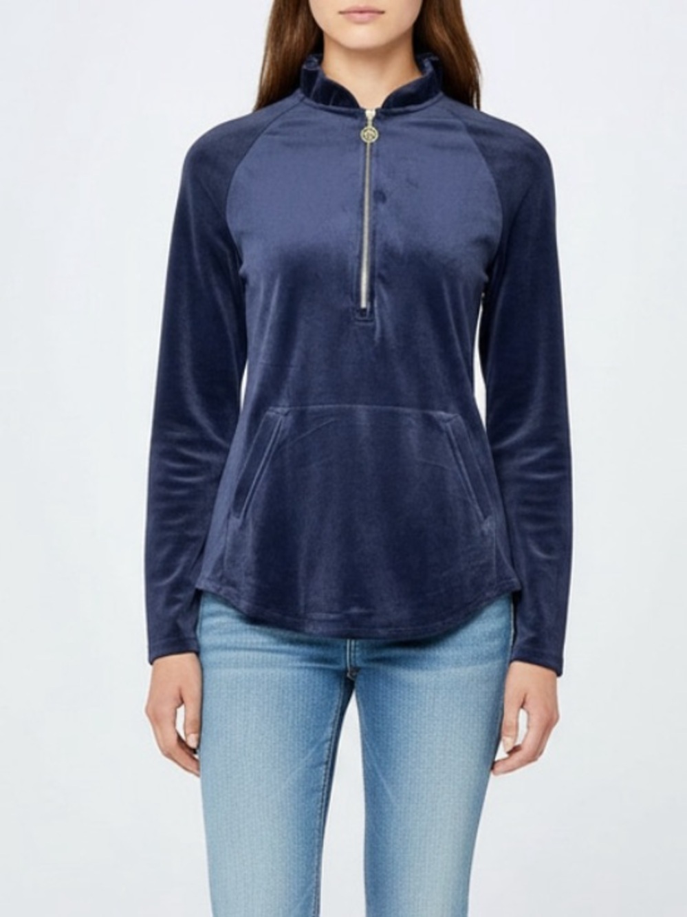 Lilly Pulitzer True Navy Skipper Ruffle Lounge Velour Long Sleeve Popover Sz XS